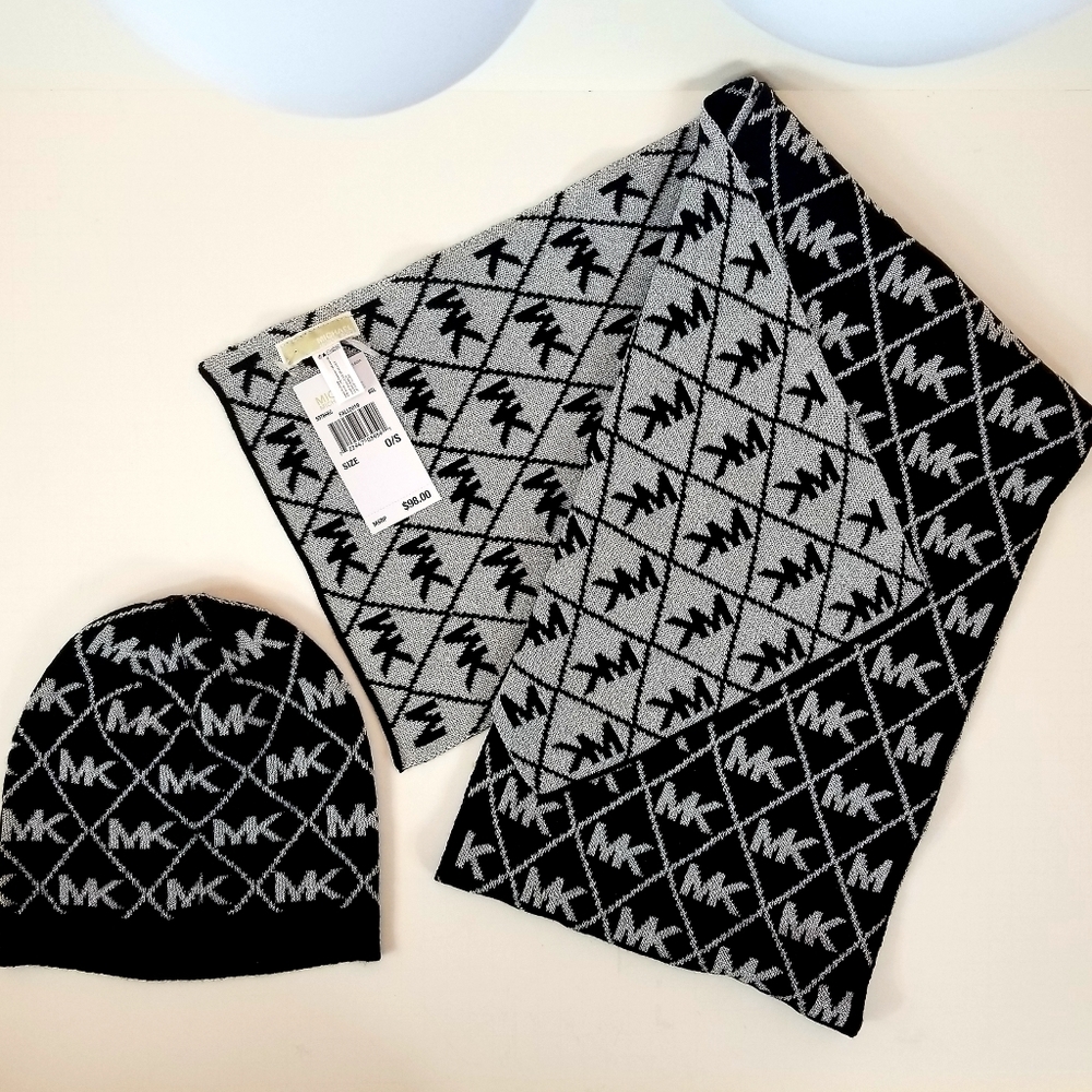 Michael Kors Black/Grey Scarf & Beanie Set NWT